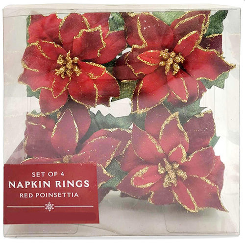 Red Poinsettia Napkin Rings 4pc