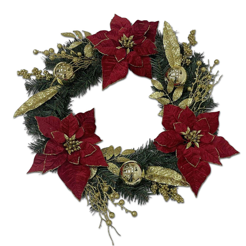 Red and Gold Poinsettia Wreath 55cm