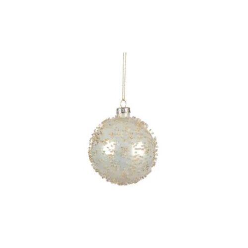 White Glass Bauble with Silver Gold Beads 8cm