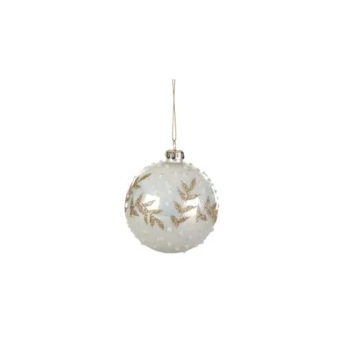 White Mixed Matte Gloss Glass Bauble with Gold Leaves 8cm