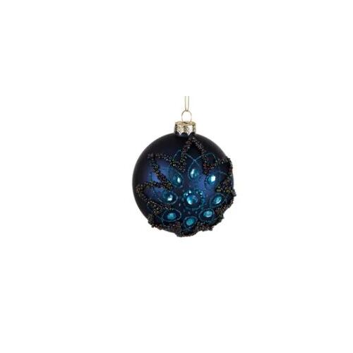 Matte Blue Jewelled Bauble 8cm  Glass