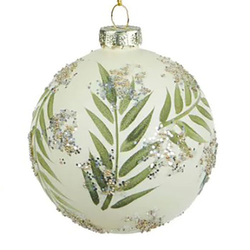 Green Foliage Sparkle Glass Hanging Bauble 8cm