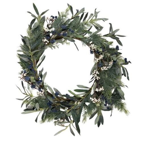 Blue and White Berry Mixed Leaf Wreath 55cm