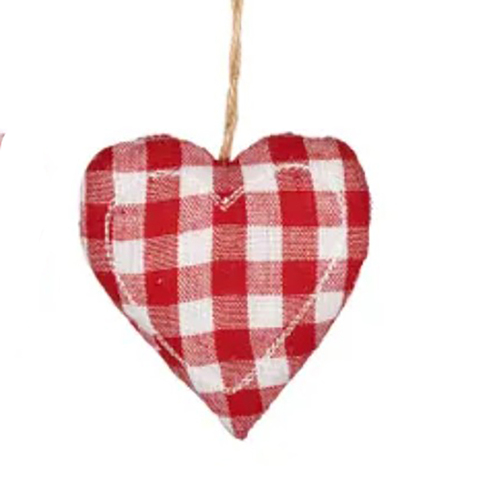 Red and White Heart with Large Checks Hanging Fabric Ornament 8cm
