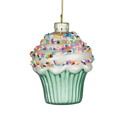 Green Cupcake Glass Hanging Christmas Ornament  7 x 9 cm