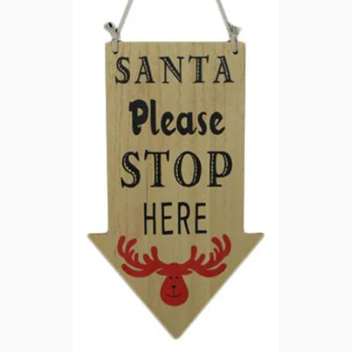Natural Santa Stop Here Hanger- Red Reindeer