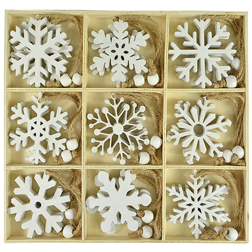White Glitter Snowflake Timber 5cm 18pc
