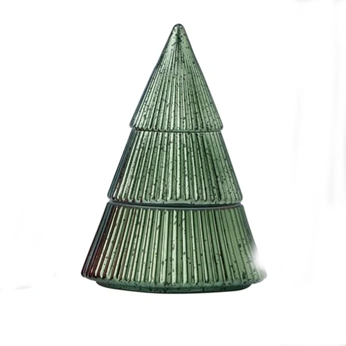 Candle in Green Glass Christmas Tree 12 x 17cm