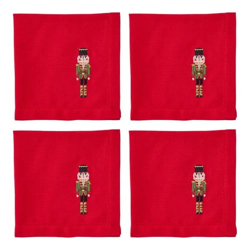Red Embroidered Nutcracker Linen Napkin 4pk