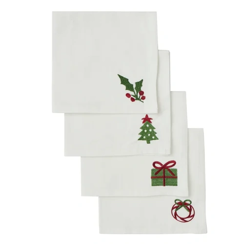 White Embroidered Christmas Motif Linen Napkin 4pk