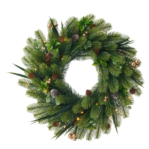 Mixed Greenery, Cone and Gold Berry LED Wreath 52cm