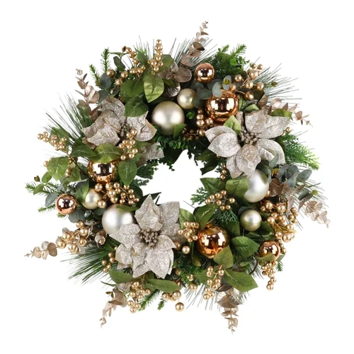  Champagne Poinsettia and Mixed Gold Bauble Christmas Wreath 50cm