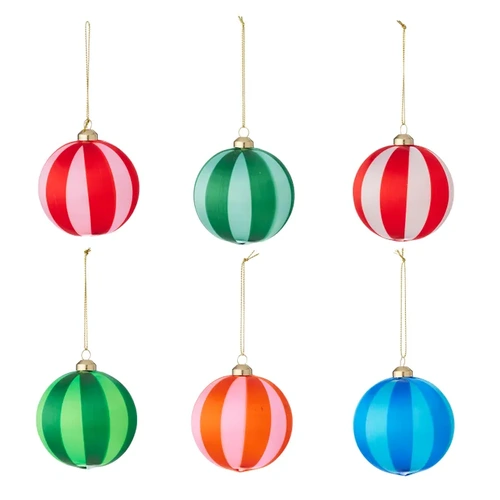 Bright Stripe  8cm Silk Christmas Baubles 6pk
