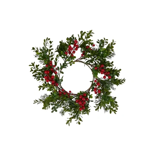 Red Berry and Mixed Green Foliage Candle Ring or Small Wreath 30cm
