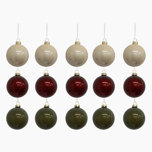 Cream Olive and Burgundy 3cm Glass Christmas Bauble set