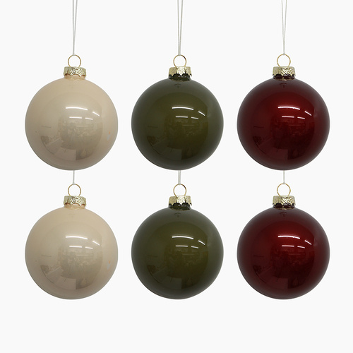 Cream Olive and Burgundy 8cm Glass Christmas Bauble set
