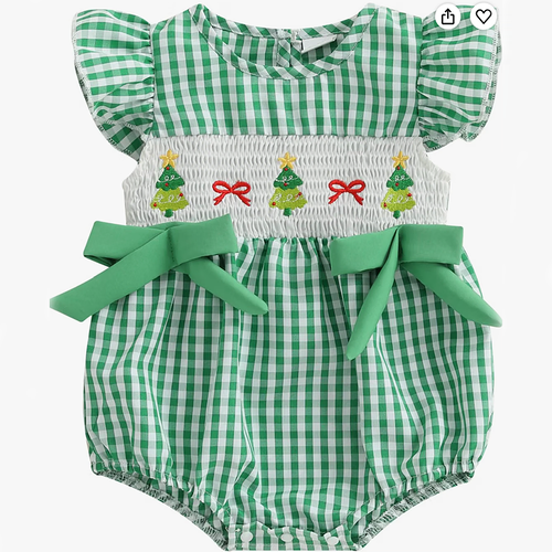Green  Checked Smocked Tree  Bubble  Romper 12-18M