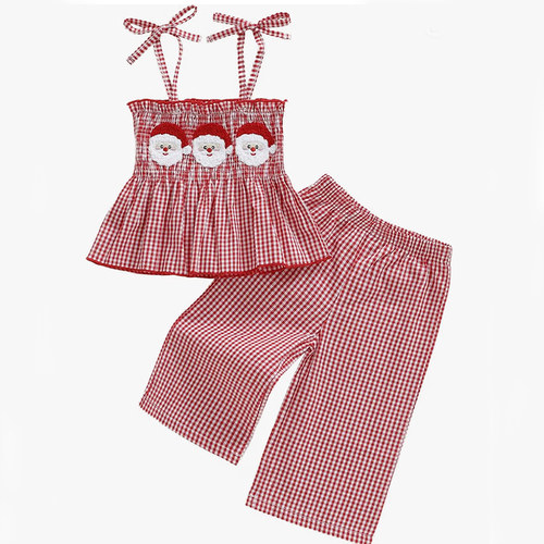 Red Checked Smocked Santa Spaghetti Strap Top and Pant Set  5-6YR