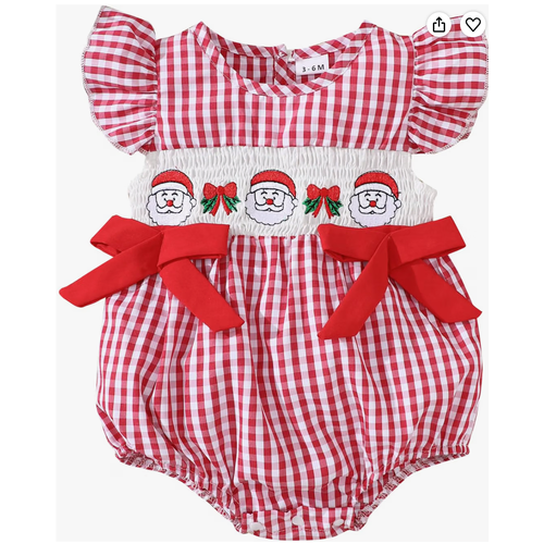 Red Checked Smocked Santa  Bubble  Romper 6-12M