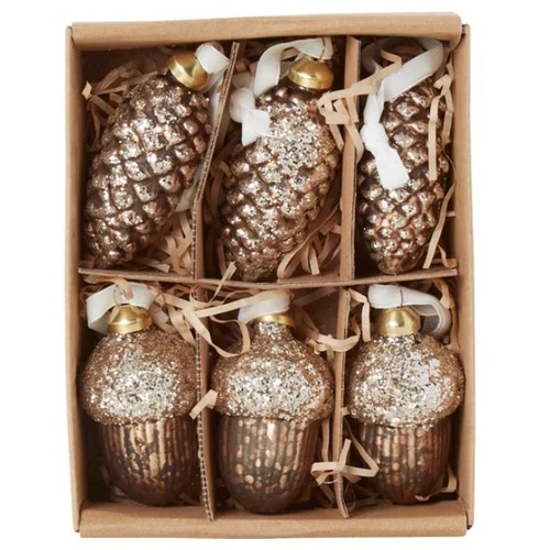 Woodland Pinecone and Acorn Baubles 7x4cm 6pc