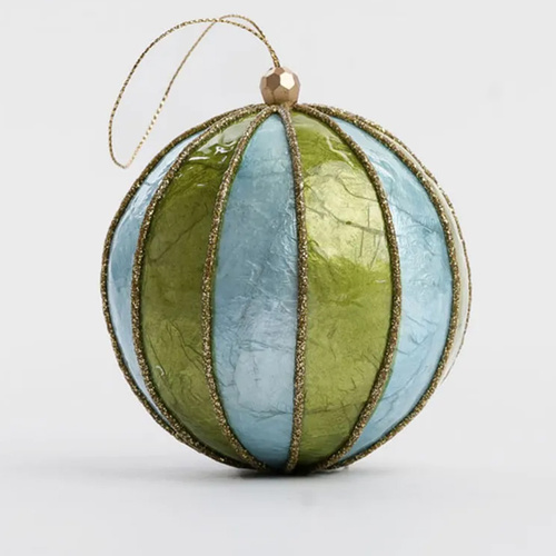 Blue and Green Stripe  Handpainted Capiz Christmas Hanging Bauble