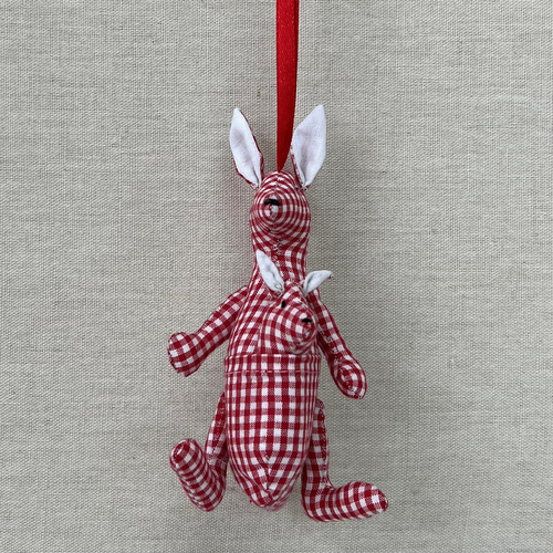 Red Gingham  Kangaroo with Joey  Hanging Decoration 13cm