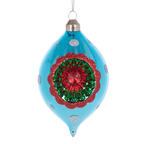 Retro Blue Vintage Teardrop  Glass Christmas Tree Bauble