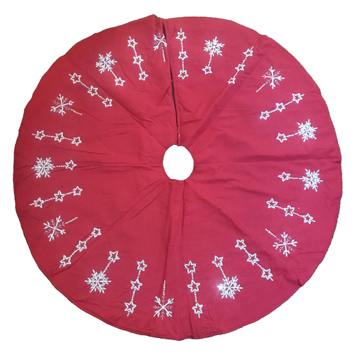 Red Tree Skirt with White and Silver Snowflakes and Stars