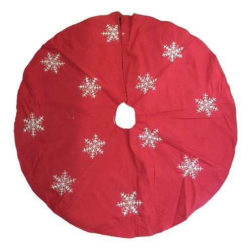 Red Tree Skirt with White and Silver Bead Snowflakes