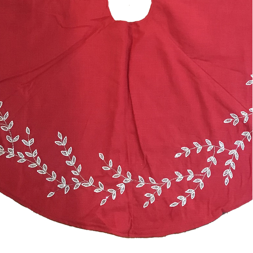 Red Tree Skirt with White Pearl and Silver Bead Leaves