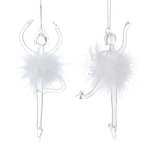 Glass Ballerina with Feather Hanging Ornament  2pc