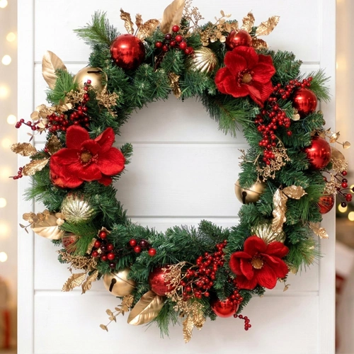 Red and Gold Magnolia 50LED Christmas Wreath 76cm