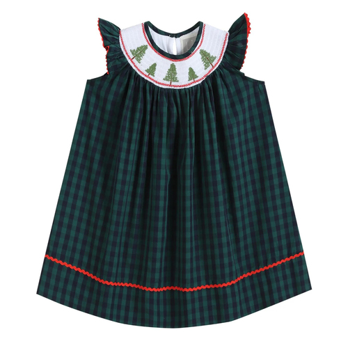 Blue and Green Check Christmas Tree  Shirred Bishop's Dress  Size 12-18months