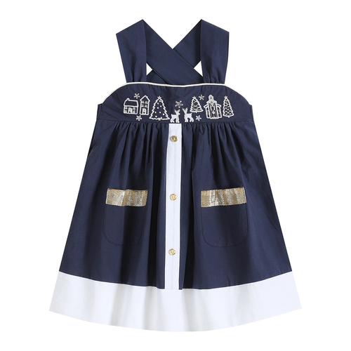 Blue with White Christmas Scene and Gold Pockets  Dress Size 5