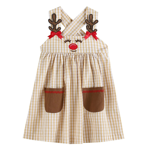 Mustard and White Check Reindeer Dress Size 5