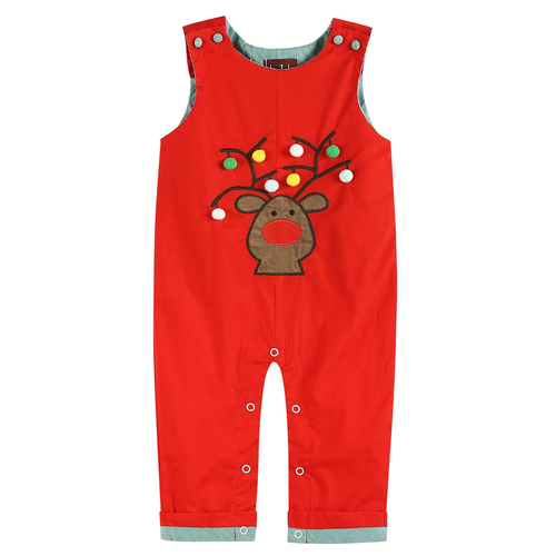 Plaid Reindeer Pompom Christmas Overalls 3-6months