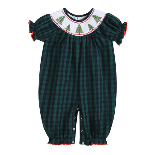 Blue and Green Check Christmas Tree  Shirred Playsuit  Size 6 - 12 months