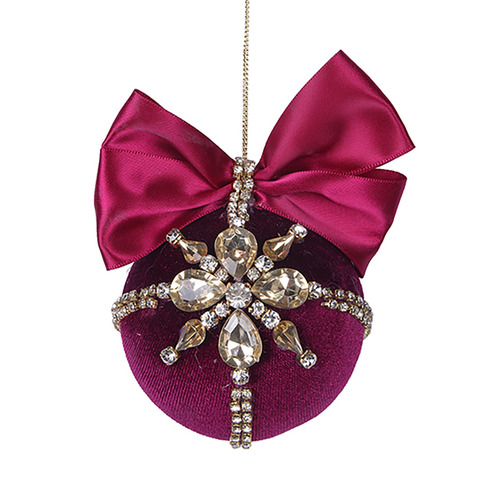 Burgundy Velour Jewelled Big Bow Ball  8cm