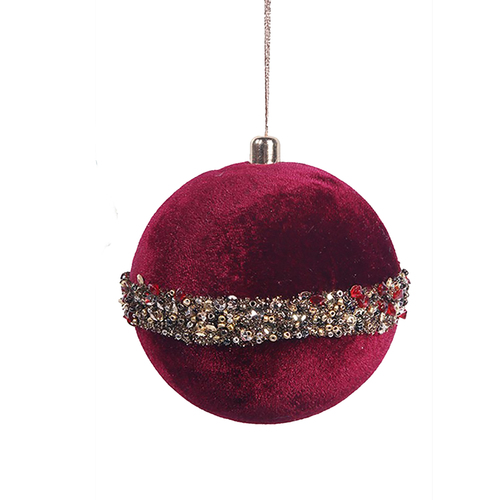 Burgundy Velvet  with Glitter Band Bauble 10cm