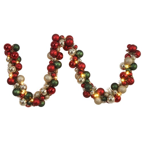 Multi colour Bauble Garland with Tinsel and  Warm White LED Lights