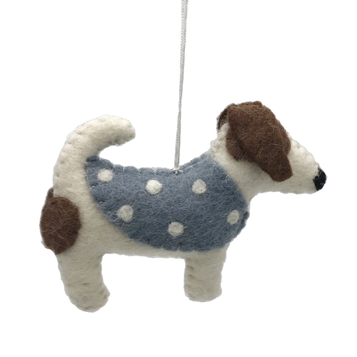 Felt Dog with Blue Coat Hanging Decoration. 10cm