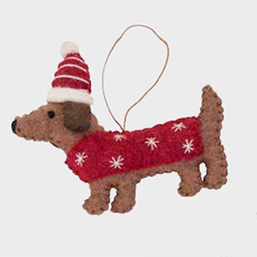 Felt Dachshund with Red Hat and Jacket Christmas Decoration. 11cm