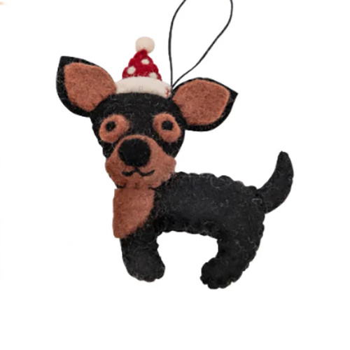 Felt Black Chihuahua with Hat Christmas Decoration. 11cm