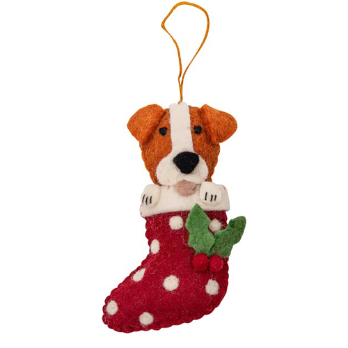 Felt Jack Russell in Stocking Christmas Decoration. 12cm
