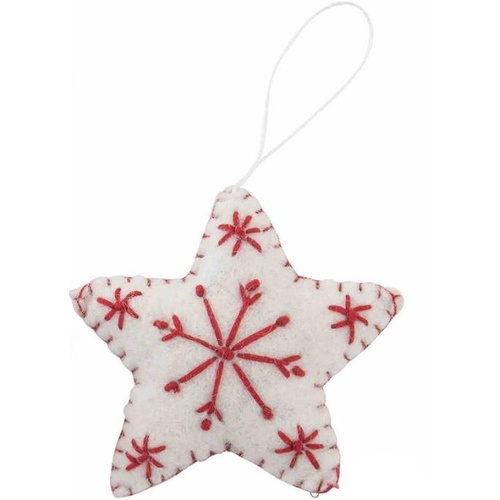 Felt White  Star with Red Snowflake. 9cm
