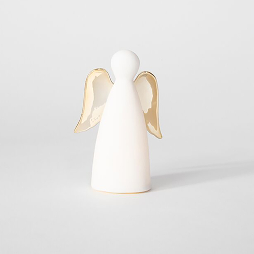 Poem LED White Porcelain Angel with Gold Wings  13cm