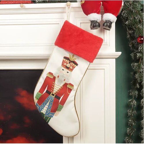 White Christmas Stocking with Nutcracker and Red Fur Cuff