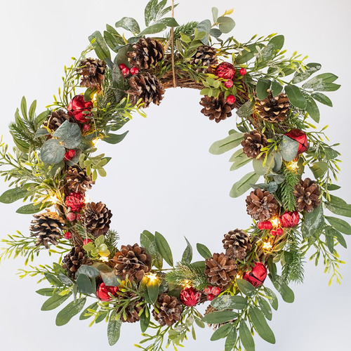 Foliage, Pine Cone and Red Bell  LED Wreath 42cm