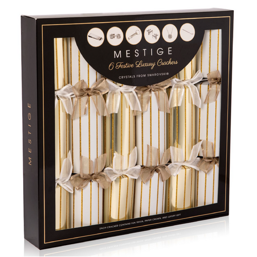 White and Gold Stripe Crackers with Swarovski® Crystal Gifts - 6 Pk