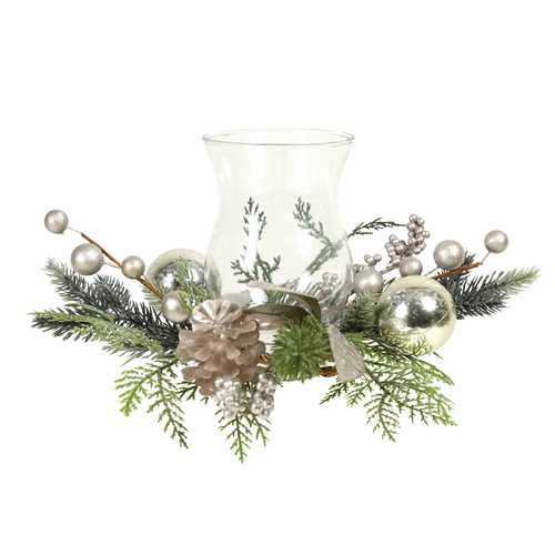 Silver Champagne and  Green Leaf Candle  Hurricane